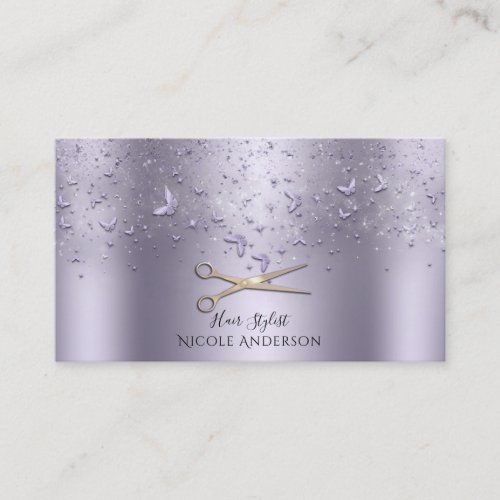 Purple Rose Gold Butterflies Scissors Stylist Business Card