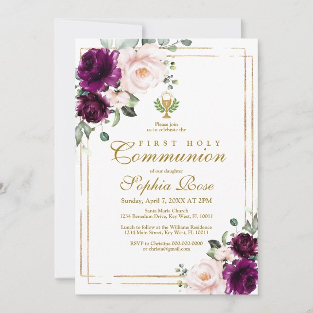 Purple Rose & Gold Chalice First Holy Communion Invitation (Front)