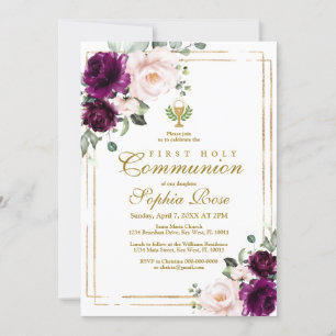 Purple Rose & Gold Chalice First Holy Communion Invitation
