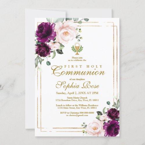 Purple Rose  Gold Chalice First Holy Communion Invitation
