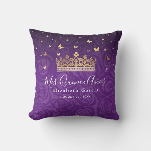 Purple Rose Gold Crown Quinceanera Mis Quince Anos Throw Pillow