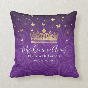 Purple Rose Gold Crown Quinceanera Mis Quince Anos Throw Pillow