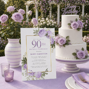 Purple Rose Gold Floral 90th Birthday Party Invitation