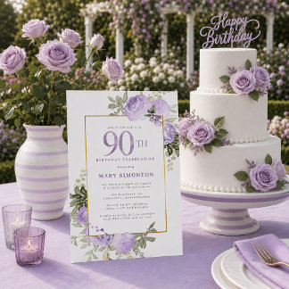 Purple Rose Gold Floral 90th Birthday Party Invitation