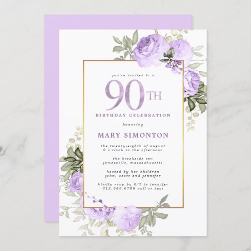 Purple Rose Gold Floral 90th Birthday Party Invitation