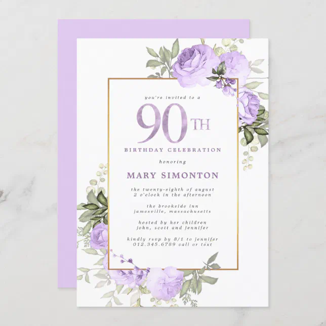 Purple Rose Gold Floral 90th Birthday Party Invitation | Zazzle