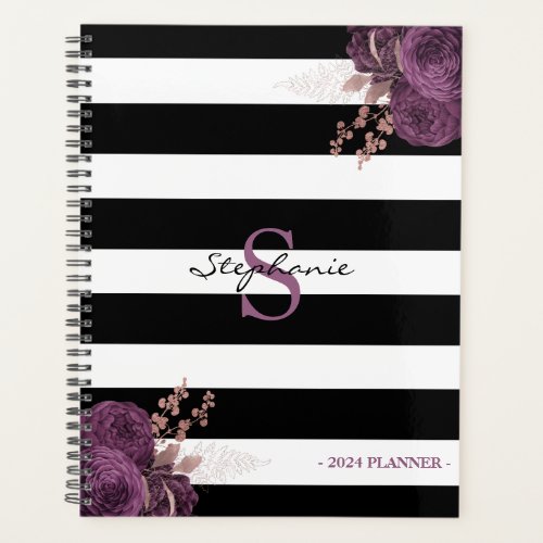 Purple Rose Gold Floral Monogram Black White 2024 Planner