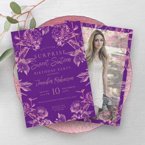 Purple Rose Gold Floral Photo SURPRISE Sweet 16   Invitation