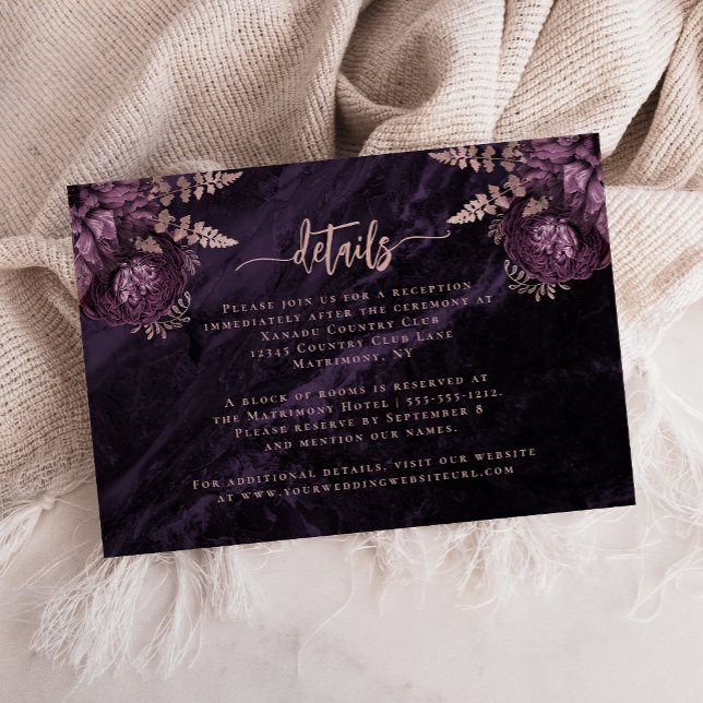 Purple Rose Gold Floral Script Wedding Details Enclosure Card (Creator Uploaded)