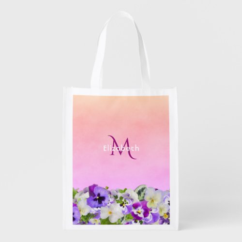 Purple rose gold florals name grocery bag