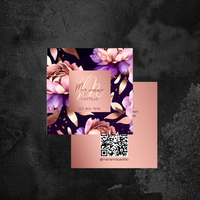 Purple rose gold flowers chic modern template square business card (Purple rose gold flowers chic modern template square business card makeup artist hair stylist )