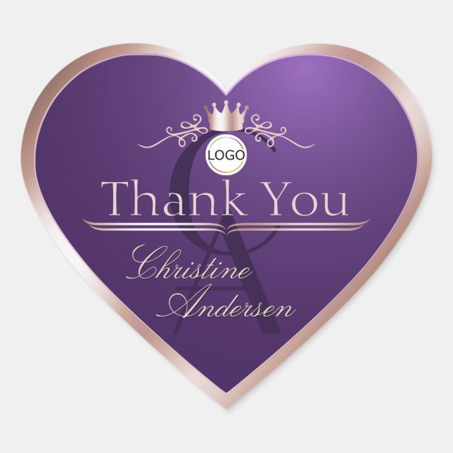 Purple Rose Gold Frame Logo and Monogram Thank You Heart Sticker (Front)