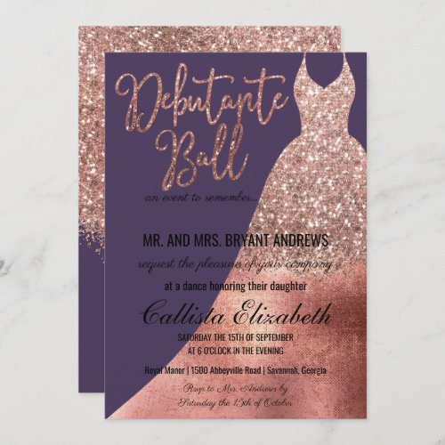 Purple Rose Gold Glitter Dress Debutante Dance Invitation