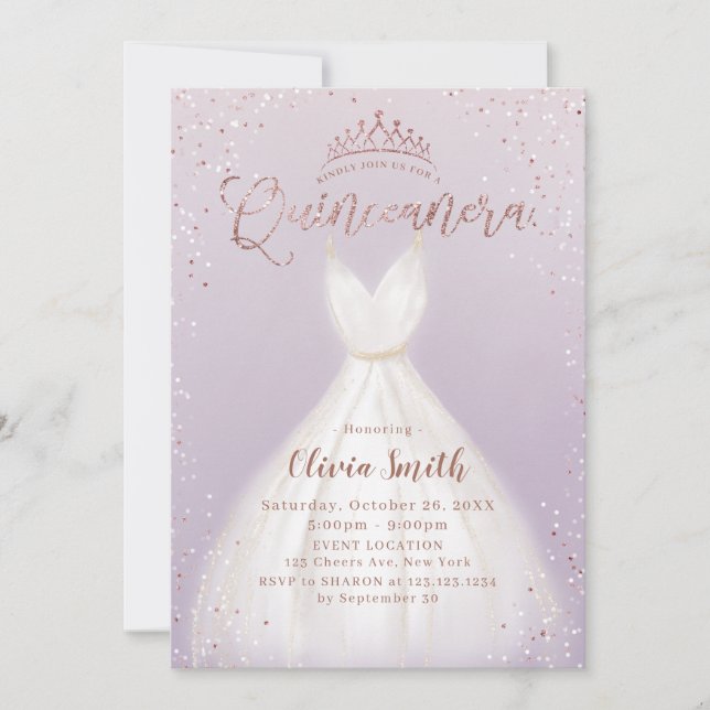 Purple rose gold glitter dress quinceañera invitation (Front)