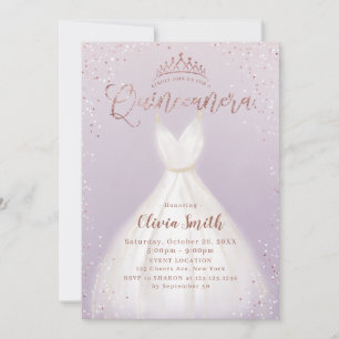 Purple rose gold glitter dress quinceañera invitation