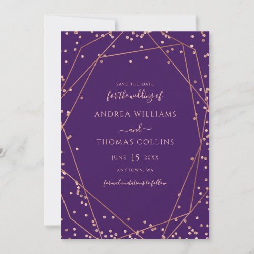 Purple Rose Gold Glitter Geometric Wedding Save The Date