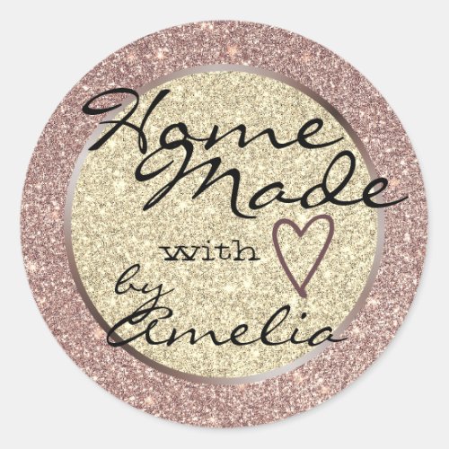 Purple Rose Gold Glitter Home Made with Love Heart Classic Round Sticker