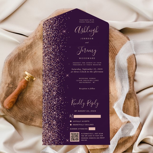 Purple Rose Gold Glitter QR Code Wedding All In One Invitation (Creator Uploaded)