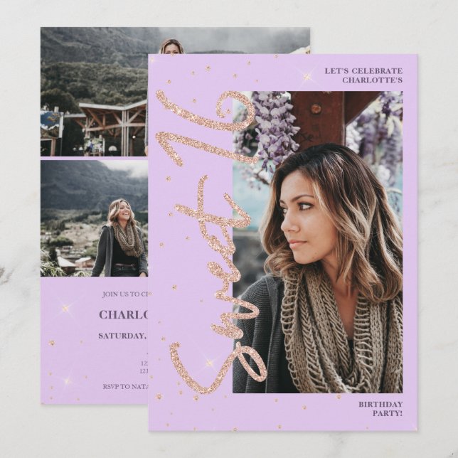 Purple rose gold glitter script 4 photos Sweet 16 Invitation (Front/Back)