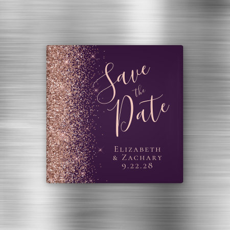 Purple Rose Gold Glitter Script Save The Date Magnet