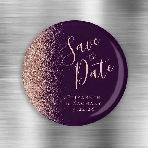 Purple Rose Gold Glitter Script Save the Date Magnet
