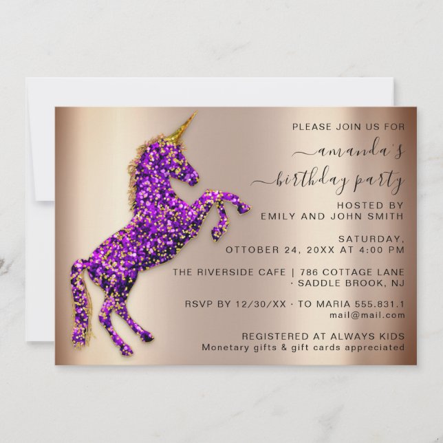 Purple Rose Gold Glitter Unicorn Horse Birthday Invitation (Front)