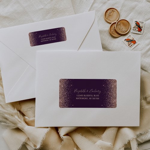 Purple Rose Gold Glitter Wedding Return Address Label