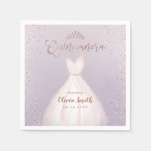 Purple rose gold glitter with dress quinceañera napkins