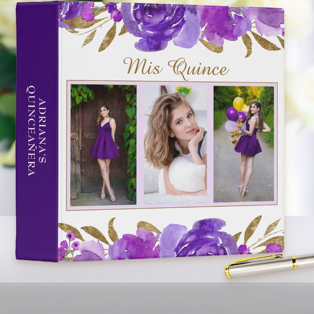 Purple Rose Gold Leaf Mis Quince 3 Photo 3 Ring Binder (Purple floral binder (organizer / album / guest book) - Rose and Gold Leaf quinceanera collection)