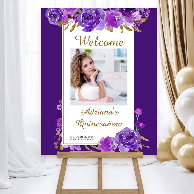 Purple Rose Gold Leaf Quinceanera Photo Welcome Foam Board (Purple floral welcome board with photo, from my Rose and Gold Leaf quinceanera collection)