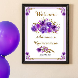 Purple Rose Gold Leaf Quinceanera Welcome Poster