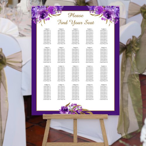 Purple Rose Gold Leaf Up to 20 Table Seating Chart Foam Board