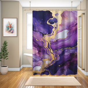 Purple Rose Gold Liquid Ink Marble Shower Curtain