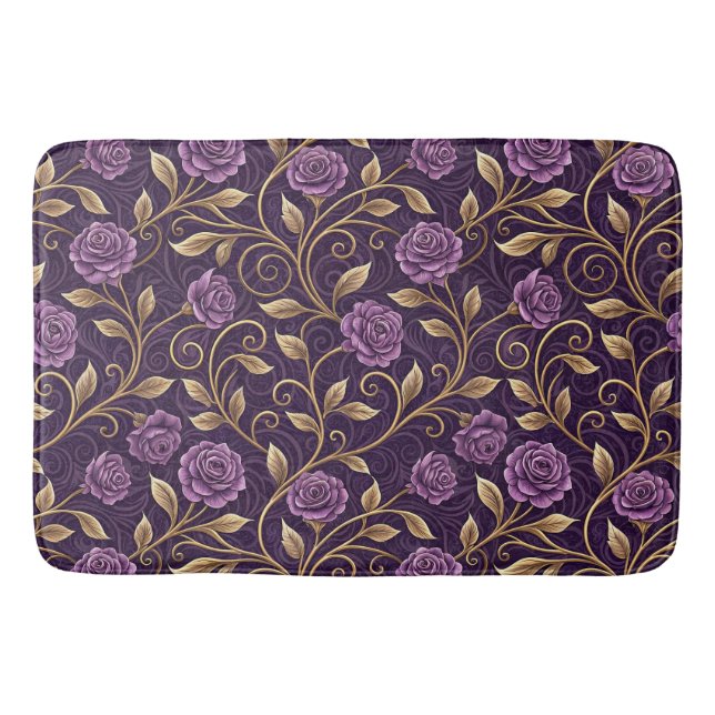Purple Rose & Gold Luxurious Floral Personalized Bath Mat (Front)