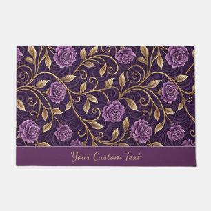Purple Rose & Gold Luxurious Floral Personalized Doormat