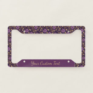 Purple Rose & Gold Luxurious Floral Personalized License Plate Frame