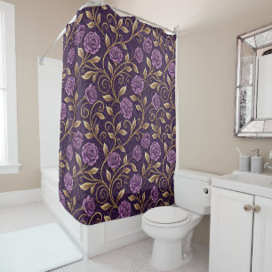 Purple Rose & Gold Luxurious Floral Personalized Shower Curtain