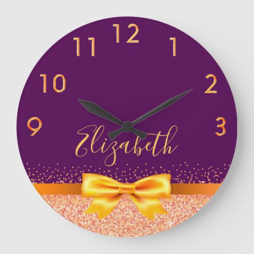 Purple rose gold name elegant bow large clock