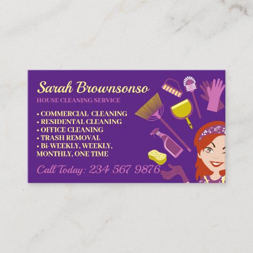 Purple Rose Hair Woman Janitorial House Cleaning Business Card