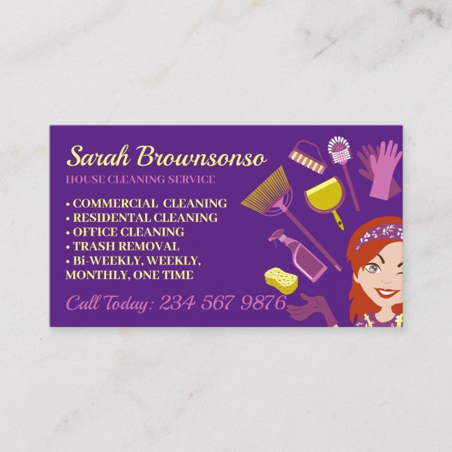 Purple Rose Hair Woman Janitorial House Cleaning Business Card