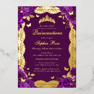 Purple Rose Lace Butterfly Quinceanera Birthday Foil Invitation