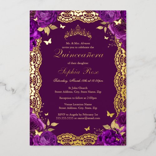 Purple Rose Lace Butterfly Quinceanera Birthday  Foil Invitation