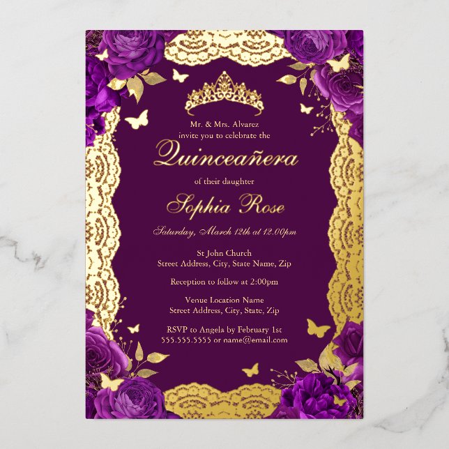 Purple Rose Lace Butterfly Quinceanera Birthday  Foil Invitation (Front)