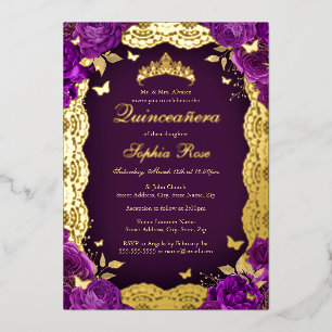 Purple Rose Lace Butterfly Quinceanera Birthday Foil Invitation