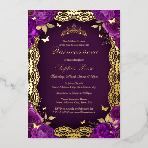 Purple Rose Lace Butterfly Quinceanera Birthday  Foil Invitation