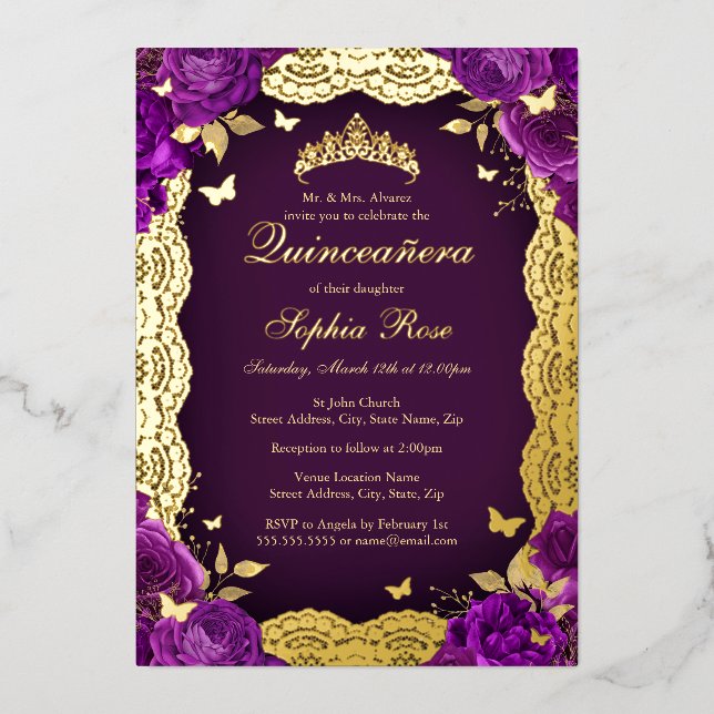 Purple Rose Lace Butterfly Quinceanera Birthday  Foil Invitation (Front)