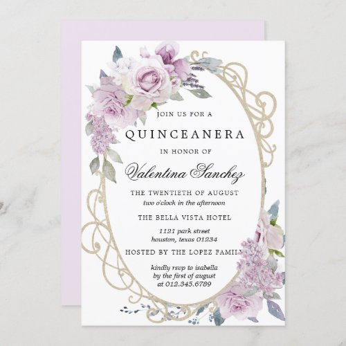 Purple Rose Lilac Watercolor Floral Quinceanera Invitation