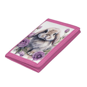 Purple Rose Lop Bunny Rabbit Trifold Wallet