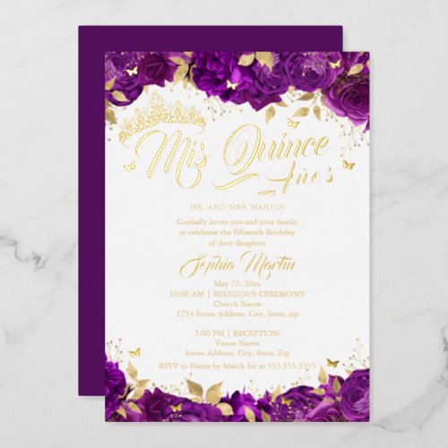 Purple Rose Mis Quince Quinceanera  Foil Invitation