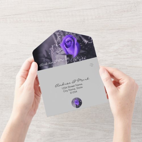 Purple Rose Monochrome All in One Wedding Invite